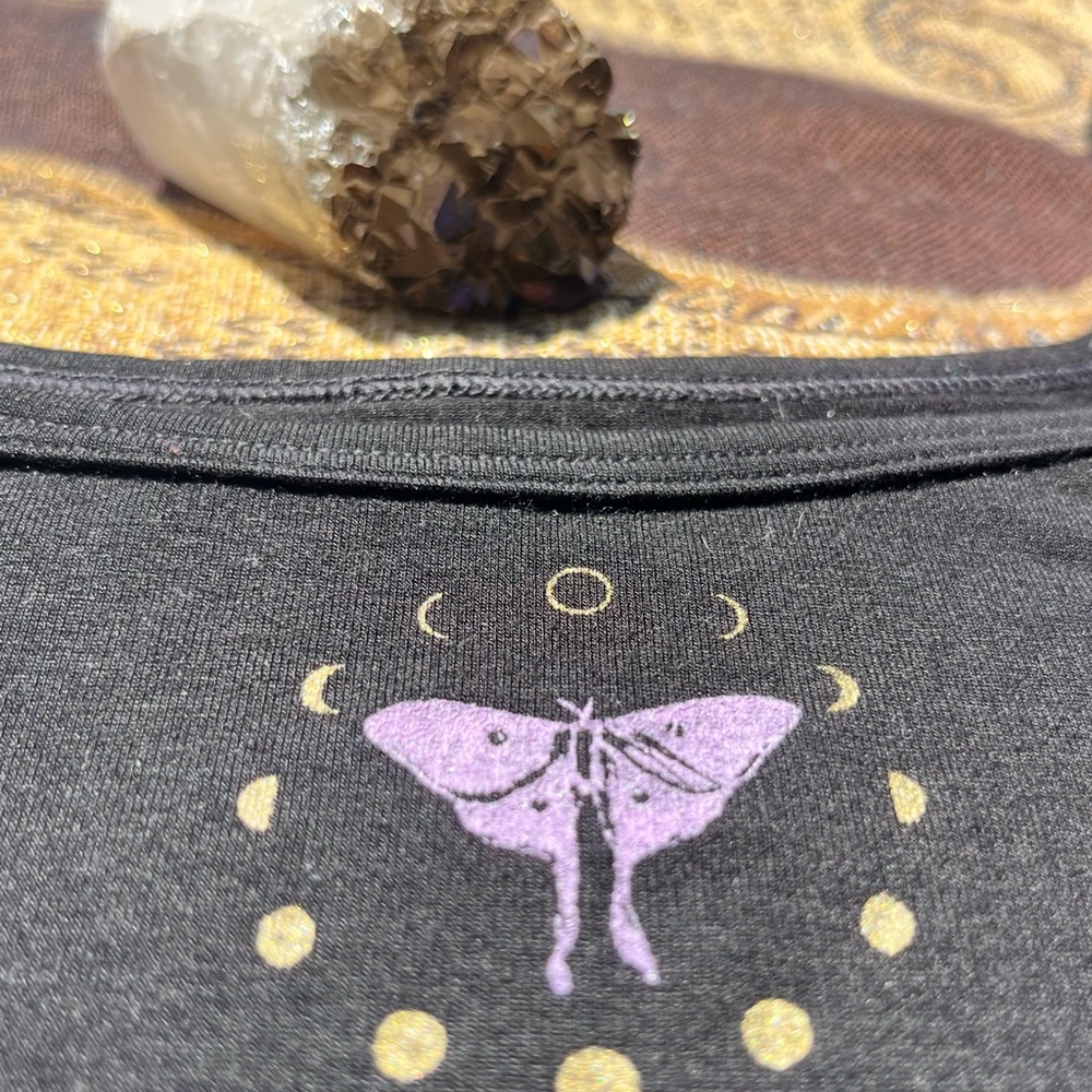 RARE: Elegant Black Tank Top with Purple Moth and Golden Moon Cylce Design